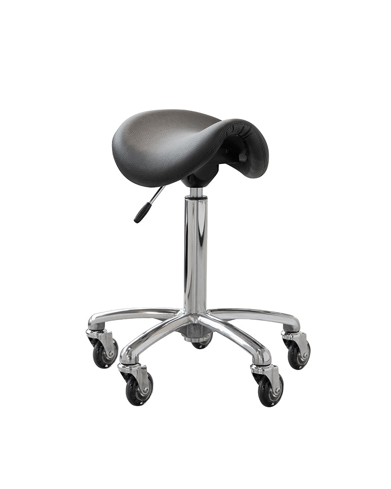 Stella - saddle stool in aluminium and black with roller wheels